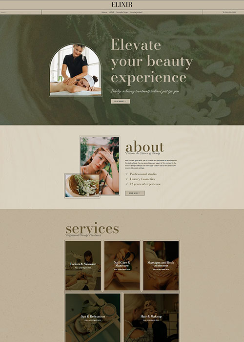 elixir divi feminine template Elixir thème Divi WordPress institut de beauté entrepreneuses